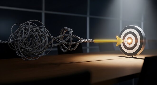A tangled mess of wires targets a bullseye with a single arrow in a dark room with spotlight