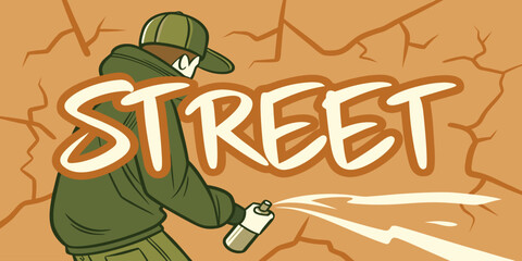 Creative street graffiti typography on cracked wall background. Urban street art style vector illustration with bold lettering, modern city culture concept, perfect for street design themes. © yossi