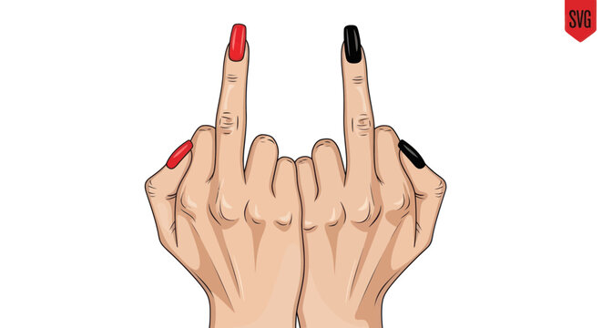 Woman's Hands Showing Middle Fingers with Red and Black Nails