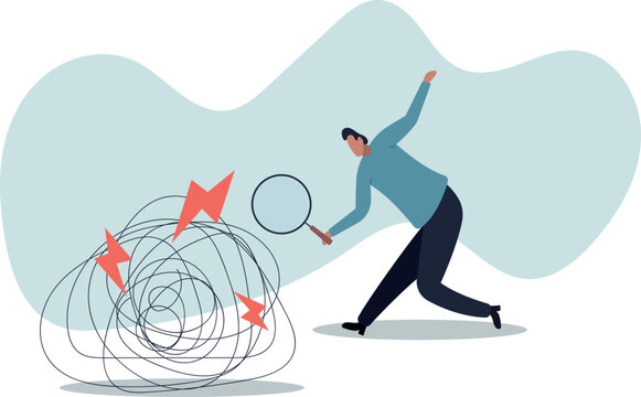 Analyze problem finding solution or opportunity, look for details to solve problem, discovery or search, root cause analysis or troubleshooting concept,human life and situation.