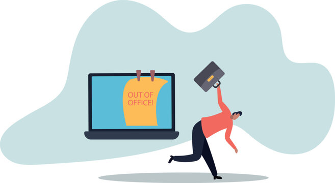 Out of office notice message, vacation or holiday leave sticky on laptop, note or summer break announcement,human life and situation.