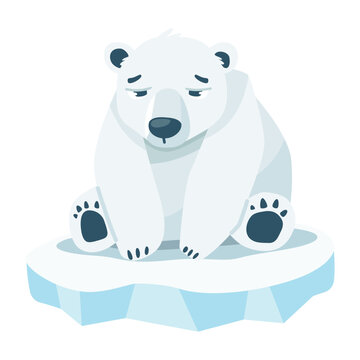 Sad Polar Bear on Iceberg Climate Change Cartoon Vector Illustration. Global Warming.
