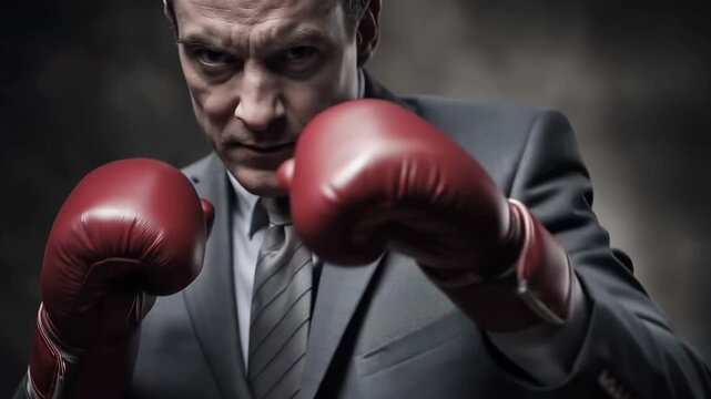 A resolute businessman, dressed in a suit and boxing gloves, grits his teeth and gets ready for battle, symbolizing the cutthroat world of business.