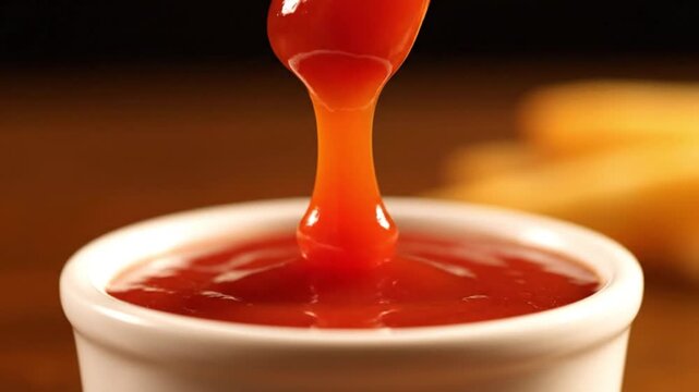 Appetizing stream of vivid red condiment artfully descending into a pristine white ceramic container, poised to enhance the taste experience of any dish