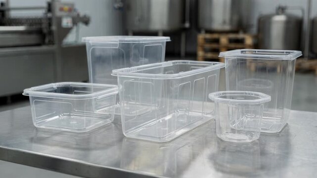 Medium shot of clear blend recycledcontent rigid containers showcasing transparency and ecofriendly postconsumer resin construction in an industrial setting.