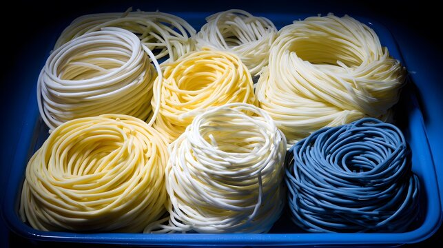 Variety of uncooked colorful pasta arranged in a close up display