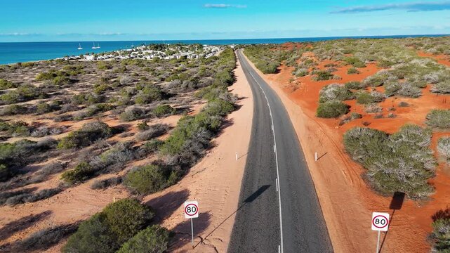 Aerial drone view of Monkey Mia coastline Western Australia with turquoise waters and sandy beaches