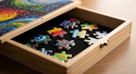 Fototapeta premium Jigsaw Puzzle Pieces in Wooden Box.
