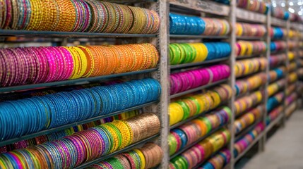 Colorful bangles arranged on shelves in a retail display for fashion and design