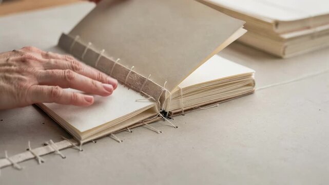 Hands carefully gathering and layering folded signatures showcasing the Smyth sewing technique for durable and elegant notebook construction.