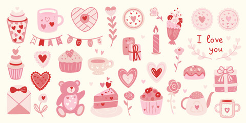 Fototapeta premium A collection of charming pink and red valentine s day themed illustrations