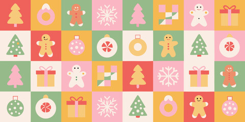 Fototapeta premium Festive christmas pattern with gingerbread men trees and gift boxes