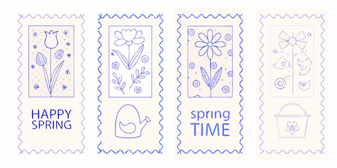 Hand drawn floral postage stamps with spring greetings and whimsical details © Pabitra