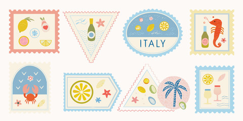 Colorful illustrated postage stamps representing italian summer themes and icons © Pabitra