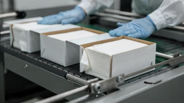 Medium shot capturing the precise loading of flat tissue packs into sleek rectangular branded boxes highlighting smooth production flow and quality control processes.