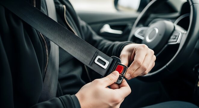 Man Buckling Seatbelt in Car Interior.