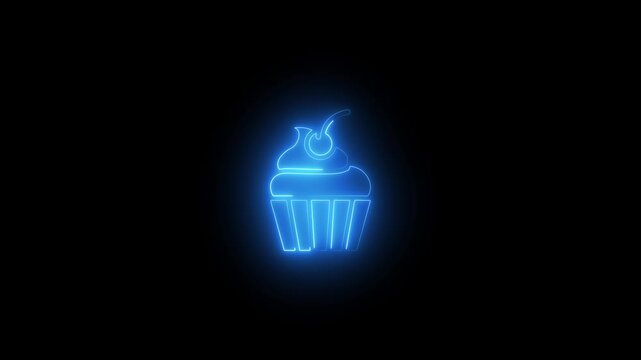 Neon Blue Cupcake Glowing Bright on Dark Background Dessert Symbol
