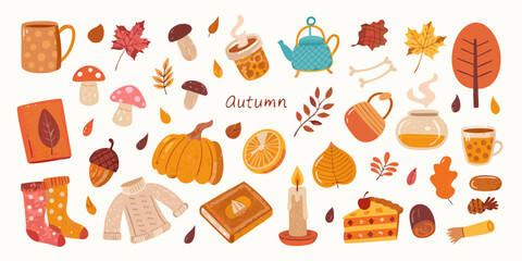 A colorful autumn illustration featuring seasonal objects and foliage © Pabitra