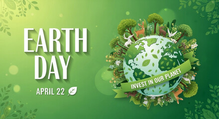 Earth day globe with green ribbon and trees invest in our planet eco friendly background