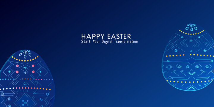 Happy easter message with digital egg designs on a blue background