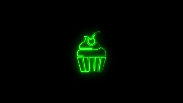 Neon Green Cupcake with Cherry on Isolated on Black Background