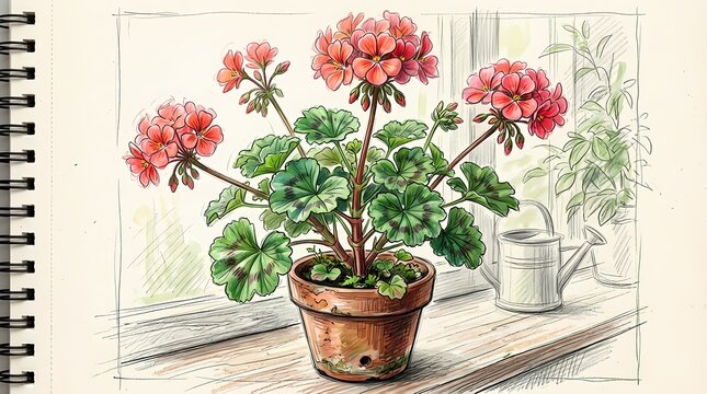 Hand-drawn sketch of vibrant red geranium flowers in a rustic terracotta pot gracing a sunlit windowsill, bringing natural charm and a cozy, artistic touch to any indoor space
