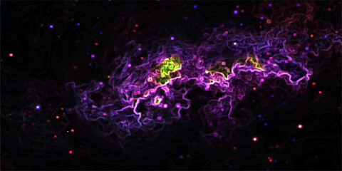 A vibrant vector illustration of a bright purple and blue neon fireworks explosion glowing like magic stars against a dark night sky background. © ATIA