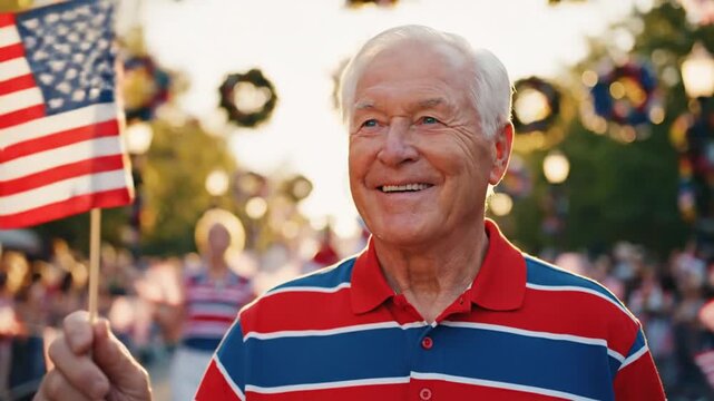 Smiling senior man holds American flag at patriotic parade