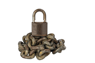 Obraz premium Rustic Heavy-Duty Metal Padlock with Thick, Intertwined Chains Symbolizing Security and Durability on a Plain White Background