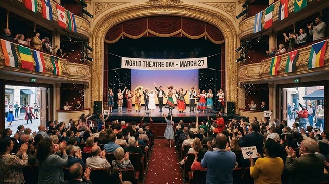 Theatre Day ,Vibrant World Theatre Day Celebration: Diverse Performers Engage Enthusiastic Audience in Grand Ornate Auditorium
