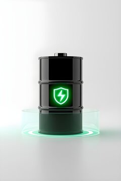Black battery cell in the shape of an oil drum with a green glowing shield and lightning bolt icon
