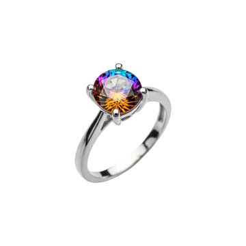 Prismatic diamond solitaire ring with rainbow hue on transparent background isolated on transparent background