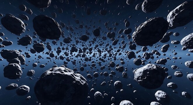 Asteroids floating in space, numerous small and large rocks, dark cosmic background. astroid belt