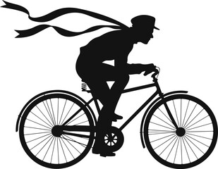 Obraz premium Silhouette of a person in a hat riding a bicycle with a flowing scarf on a white background woman