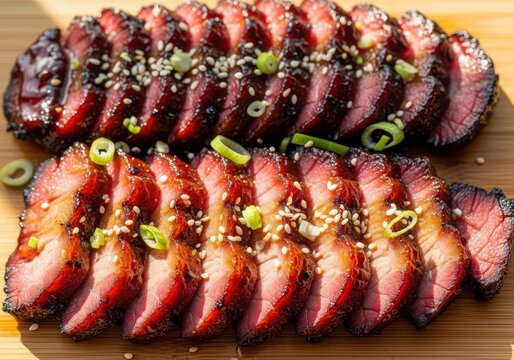 Deliciously glazed and sliced char siu pork on a wooden cutting board with sesame seeds and green onions