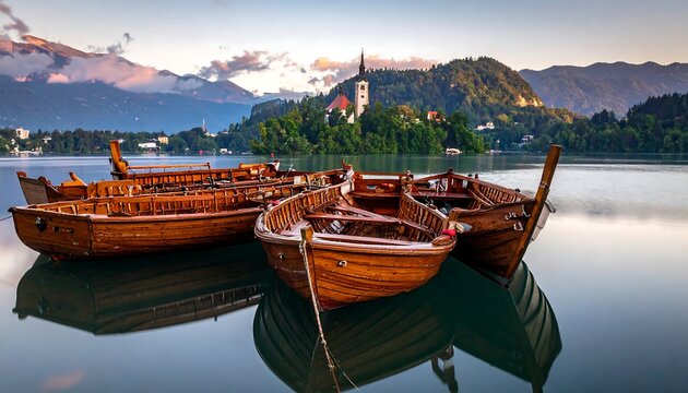 Wooden boats bob serenely on a calm lake, a church atop a small island, backed by verdant hills and a soft sky