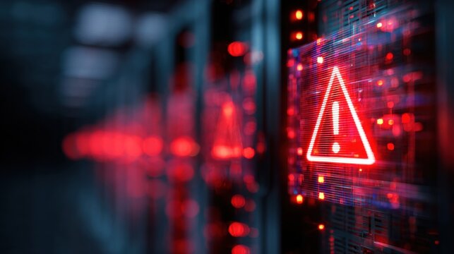 Digital Alert: A vivid, close-up shot of a glowing digital display, highlighting a bright red alert symbol in the center, hinting at potential danger or security breaches within a complex tech system.