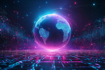 Obraz premium Metaverse digital world cyber space background, neon colorful global world in cyber space, future energy power technology and internet connection concept