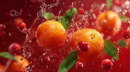 Citrus Burst: A vibrant composition of fresh, juicy citrus fruits and cranberries is captured mid-splash, the essence of refreshment and vitality