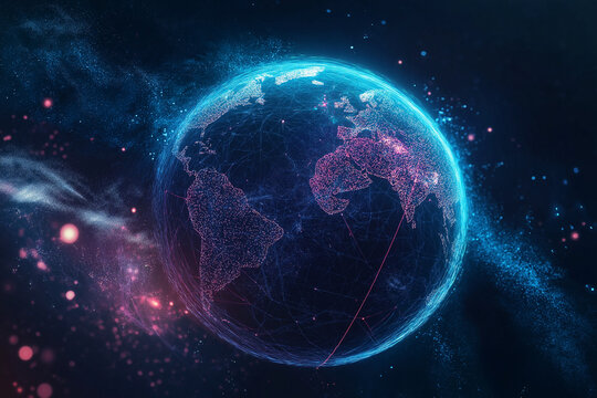 Metaverse digital world cyber space background, neon colorful global world in cyber space, future energy power technology and internet connection concept