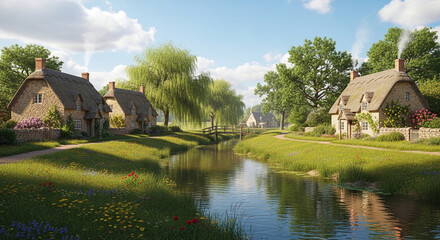 Serene mountain valley village with houses beside a tranquil river under a blue sky