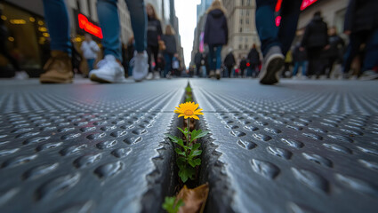 Obraz premium Single yellow flower blooming through a crack in a busy city sidewalk with blurred pedestrians walking by. Concept of resilience, hope, and nature growing in an urban concrete environment