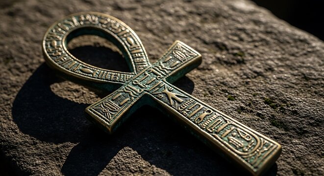 A detailed bronze Ankh, ancient Egyptian symbol of life, rests on rough stone