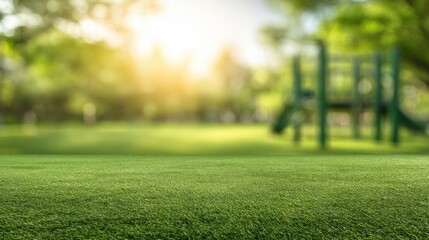 Fototapeta premium Green playground equipment in a park setting with bright sunlight
