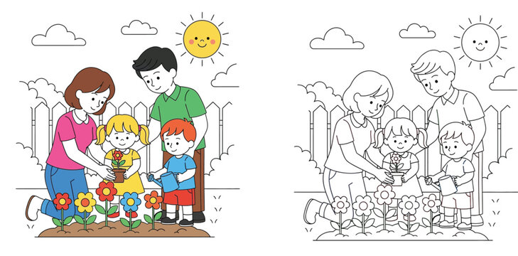 Happy family planting flowers in the garden. Coloring book page for kids with colored example and black and white line art outline vector illustration.