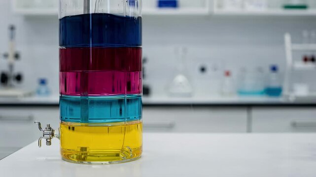 Medium shot of a glass dye purification column with vibrant liquid layers separating intermediates in a bright lab environment.