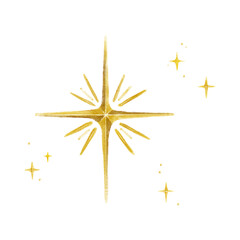 Fototapeta premium Hand Drawn Golden North Star Icon with Sparkles and Twinkling Magic Elements Isolated on White Background
