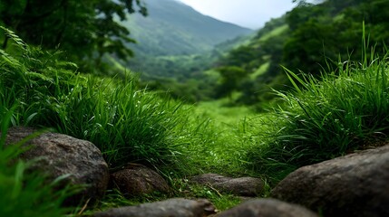 A lush green valley slopes upwards towards misty mountains with foreground rocks and vibrant grass