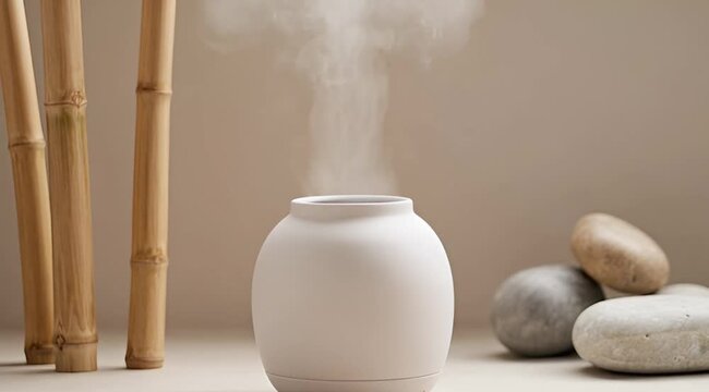 Serene white humidifier with rising mist surrounded by stones and bamboo.