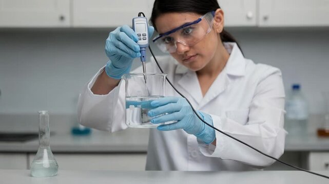 Medium shot of a lab worker measuring pH levels using a digital meter in a simple wetchemistry quality control setting.